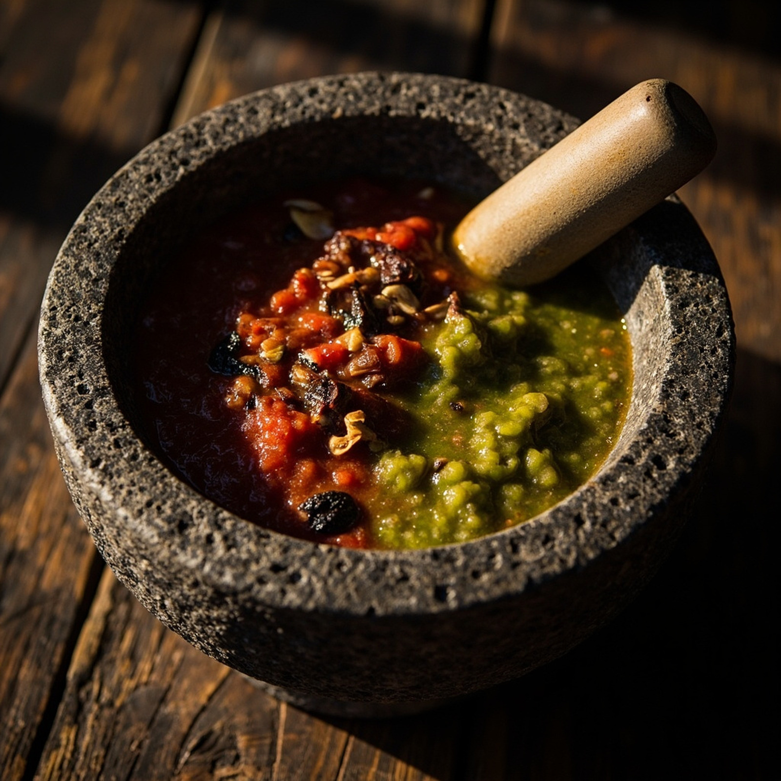 A molcajete of fresh salsa, tight overhead.