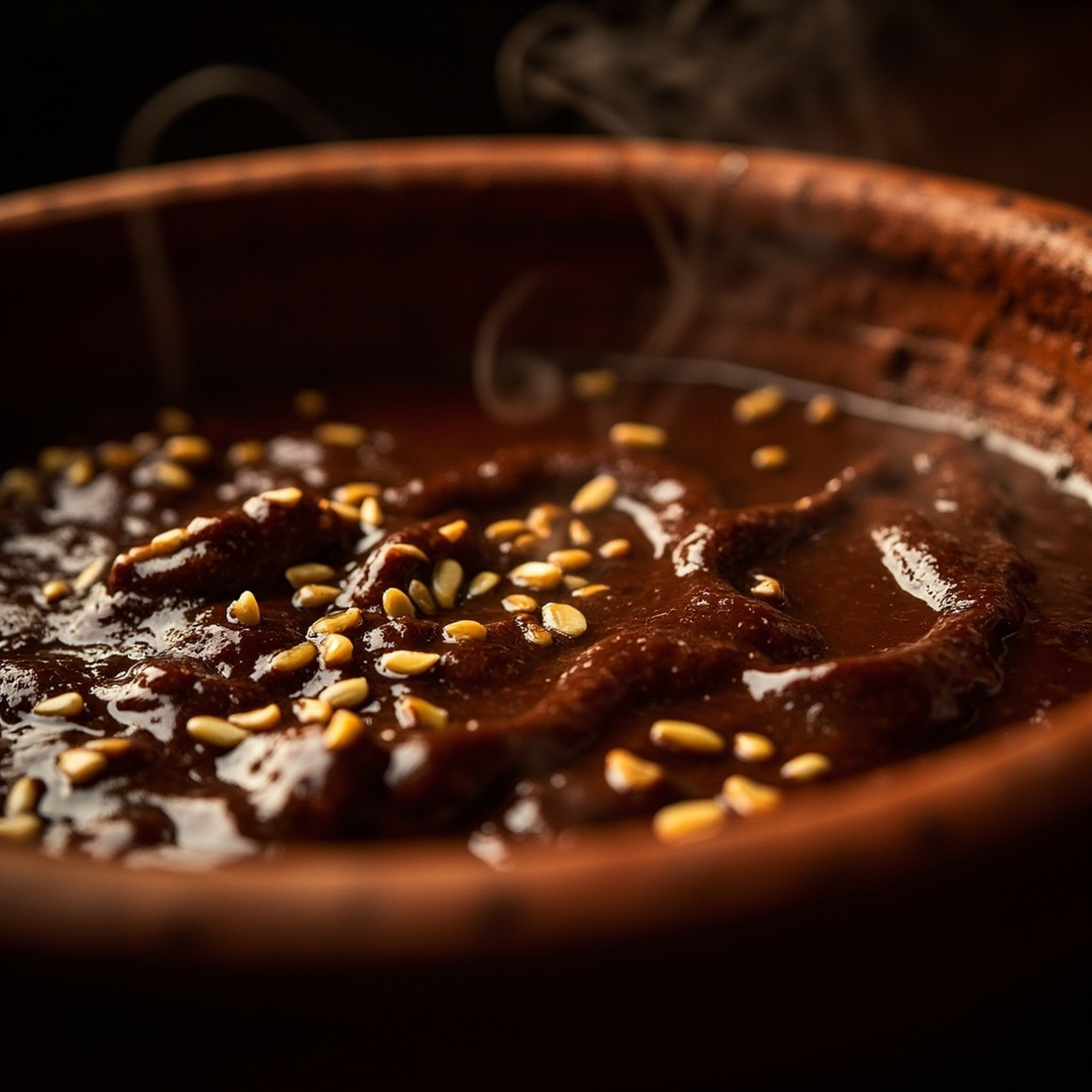 A cazuela of mole on a cinder-dark table, tungsten overhead light.